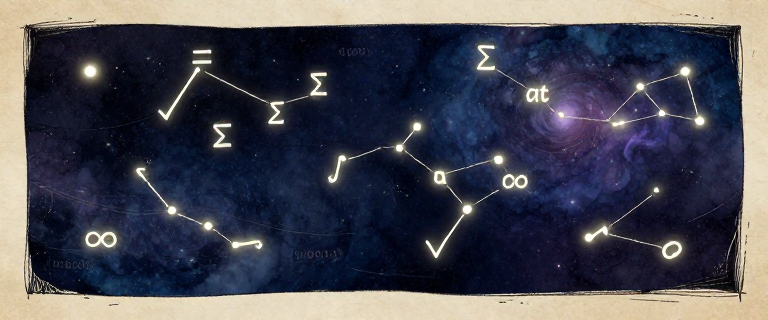 Vast deep-navy night sky filled with glowing mathematical symbols floating like constellations — integral signs, summation ∑,