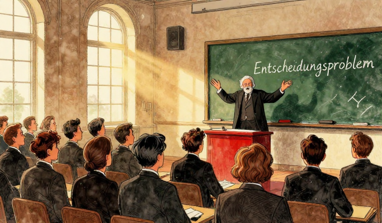 A grand 1920s lecture hall with warm amber lighting, rows of seated mathematicians in dark suits seen from behind, at the fro