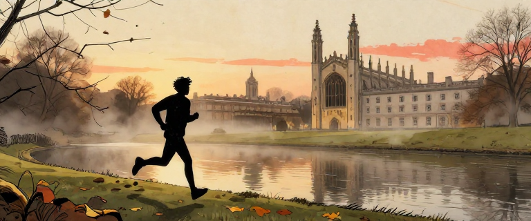 Silhouette of a young man running alone along a misty riverbank at golden-hour dusk, Cambridge gothic college spires in the d