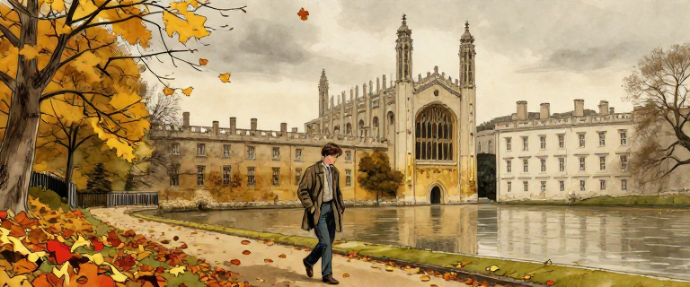 Wide cinematic watercolor illustration of King's College Cambridge in autumn 1936, gothic stone spires rising into a grey ove
