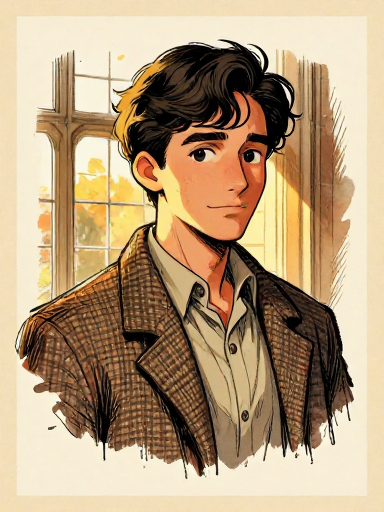 Portrait-style illustration of a young man in his early twenties with dark wavy hair and a thoughtful slightly shy expression