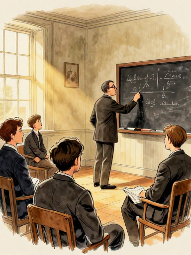 Interior of a small Cambridge lecture room in the 1930s, a middle-aged professor with dark hair and glasses stands at a small