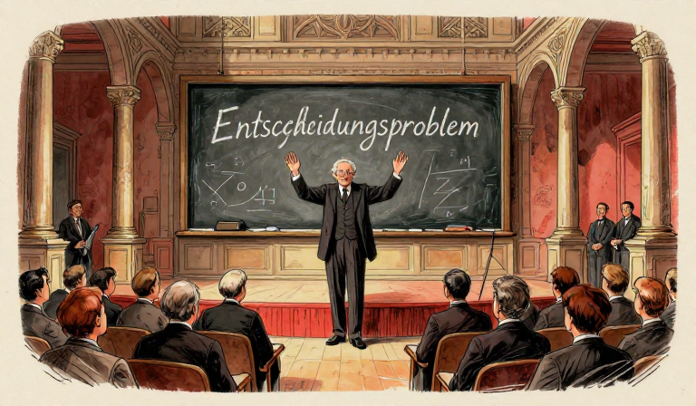 A grand conference stage in Bologna Italy 1928, a commanding white-haired elderly professor David Hilbert stands at center st