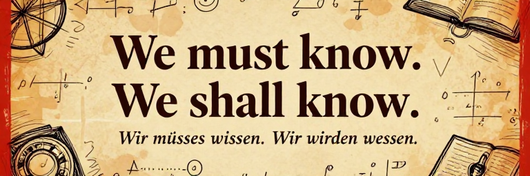Elegant typographic illustration on a warm parchment background, large elegant serif font reads 'We must know. We shall know.