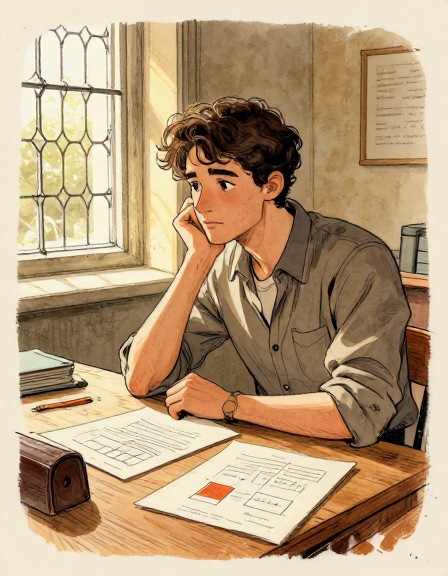 A young man with dark wavy hair in his twenties sits at a plain wooden desk in a sparse Cambridge study, chin resting on one