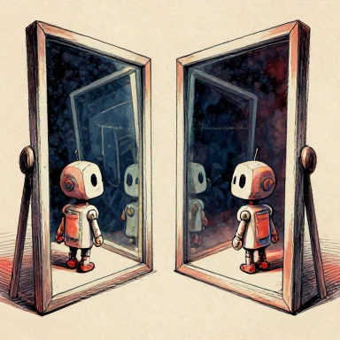 Abstract illustration of two mirrors facing each other creating an infinite recursive reflection, but inside each reflection