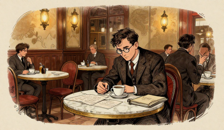 Interior of a Viennese coffee house in the early 1930s, ornate marble-topped tables, dark wood paneling, warm amber gaslight,