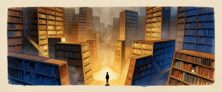 A vast impossible infinite library with towering bookshelves stretching into misty darkness above and below, warm golden ligh