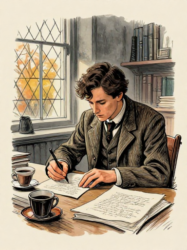 A young man with dark wavy hair in a rumpled tweed jacket sits at a desk in a dim Cambridge study, writing intensely on sheet