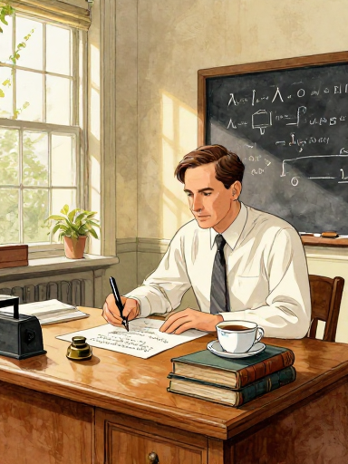 An American professor in his thirties with a neat appearance and serious expression sits at a large oak desk in a bright 1936