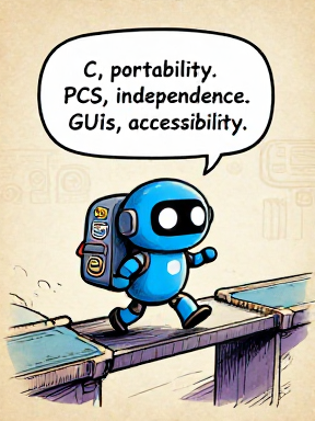 TRAVELBOT: C, portability. PCs, independence. GUIs, accessibility.