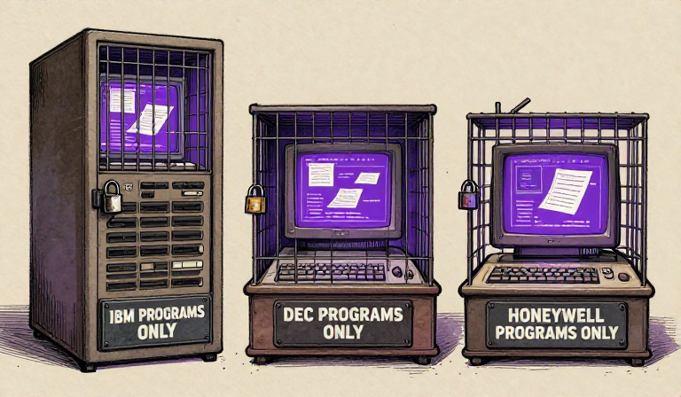 Three computers, each in a locked cage with their programs trapped inside