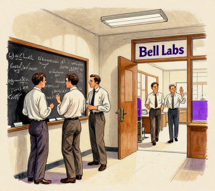 Bell Labs hallway — physicists and mathematicians cross-pollinating ideas