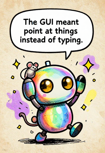 RAINBOWBOT: The GUI meant point at things instead of typing.