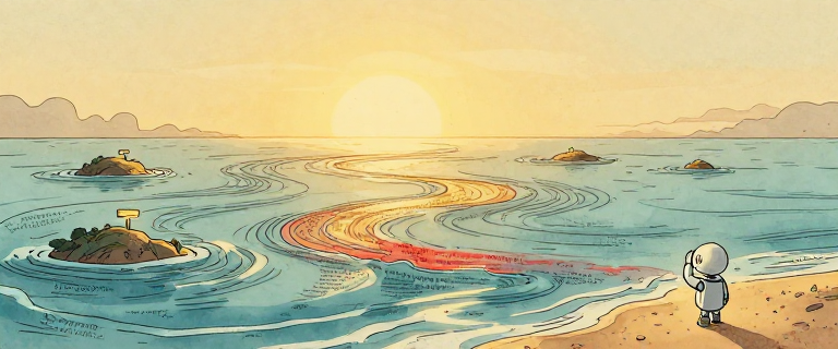 A vast ocean made of flowing text, code, and data stretching to the horizon, with a small robot on the shore looking out