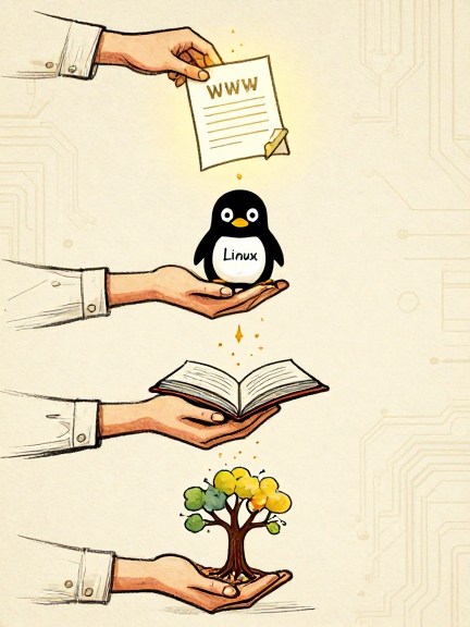 A cascade of hands passing gifts: the Web, Linux, Wikipedia, and GitHub, each enabling the next