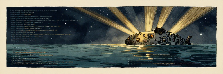 A vast data ocean at night with a large mechanical shape rising on the horizon, suggesting something new emerging from the collected knowledge