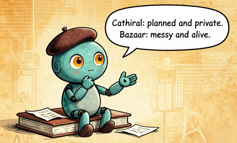 THINKBOT: Cathedral: planned and private. Bazaar: messy and alive.