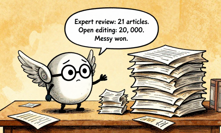 BOOKBOT: Expert review: 21 articles. Open editing: 20,000. Messy won.
