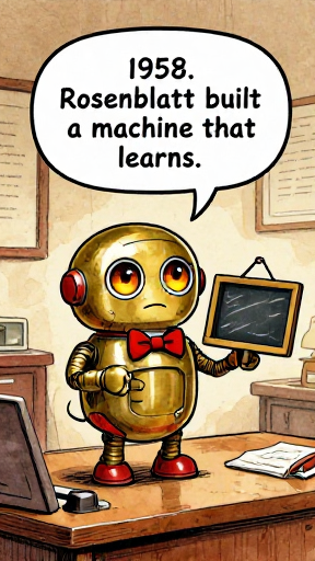 BRASSBOT: 1958. Rosenblatt built a machine that learns.