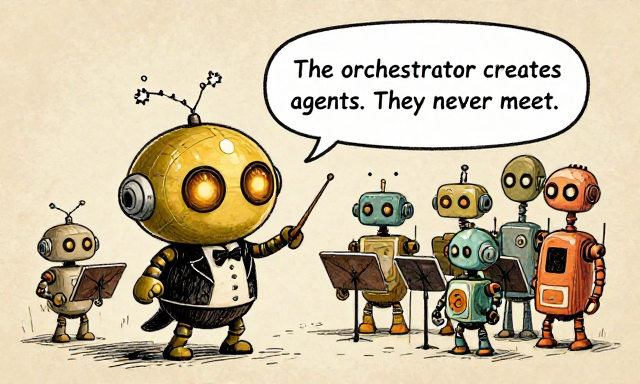 MAESTRO: The orchestrator creates agents. They never meet.