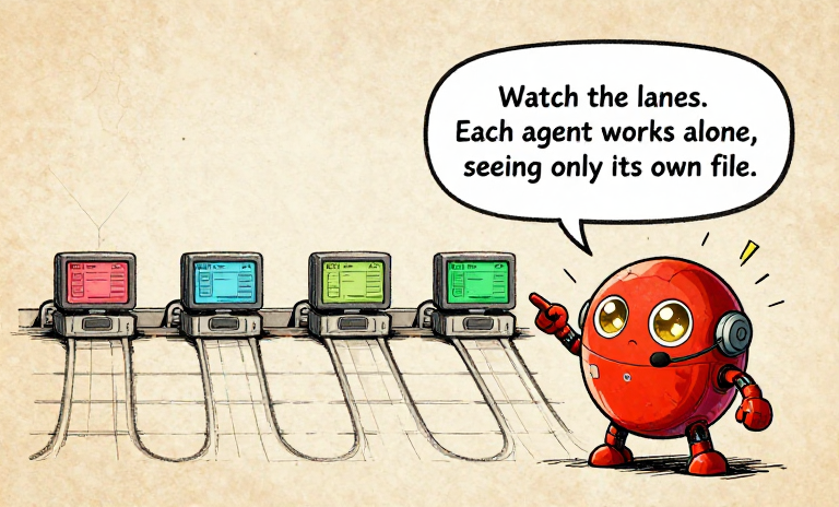 ANNOUNCER: Watch the lanes. Each agent works alone, seeing only its own file.
