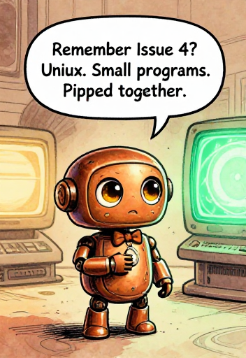 VINTAGE: Remember Issue 4? Unix. Small programs. Piped together.
